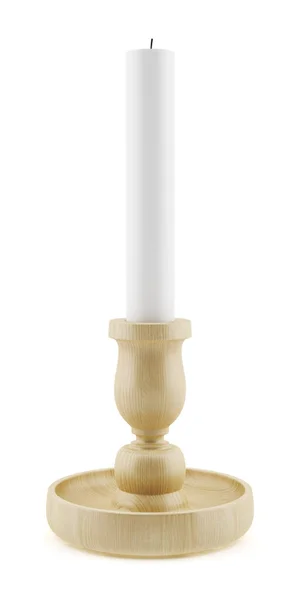 Wooden candlestick with candle isolated on white background. 3d — Stock Photo, Image