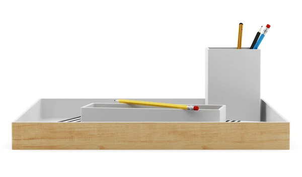 Коричневый стол организатор с канцелярскими принадлежностями изолированы на белой спине — стоковое фото
