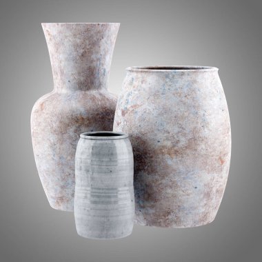 gri arka plan üzerinde izole üç seramik vazo. 3D çizim