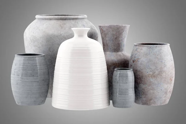 Sex keramiska vaser isolerade på grå bakgrund. 3D illustration — Stockfoto