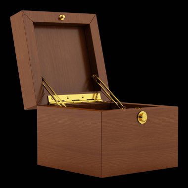 siyah arka plan üzerine izole boş ahşap kutu. 3D çizim