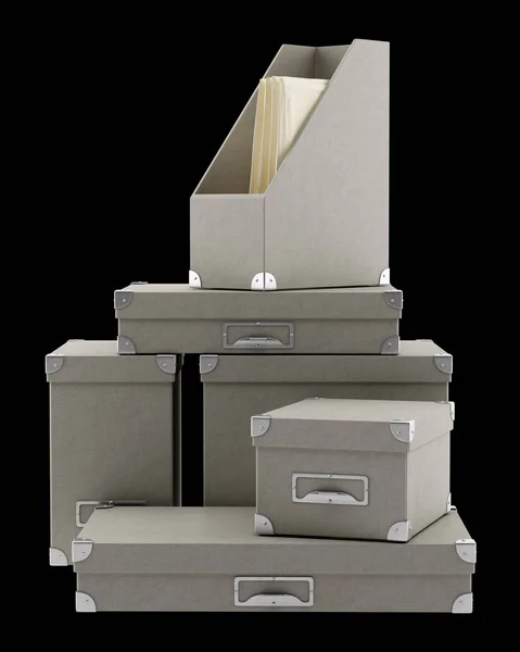 Escritório caixas de papelão isolado em fundo preto. 3d illustra — Fotografia de Stock