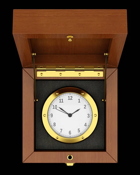 top view of golden clock in wooden box isolated on black backgro