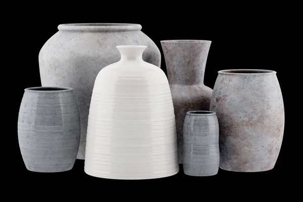Seis jarrones de cerámica aislados sobre fondo negro. ilustración 3d —  Fotos de Stock