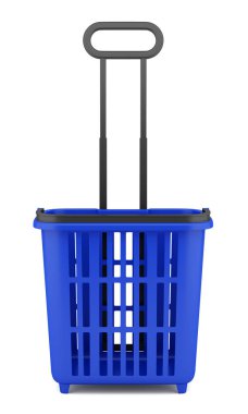 Beyaz arka plan üzerinde izole boş mavi alışveriş sepeti