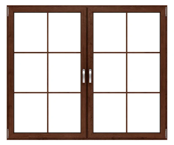 Ventana de madera marrón aislada sobre fondo blanco. ilustración 3d —  Fotos de Stock