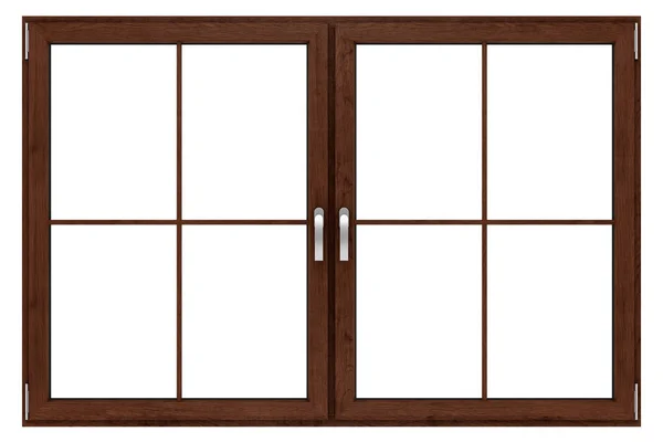 Brązowe drewniane okna na białym tle. pozdrowienie 3D — Zdjęcie stockowe