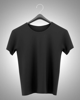 siyah t-shirt gri arka plan üzerinde izole giyim askı üzerine. 3D