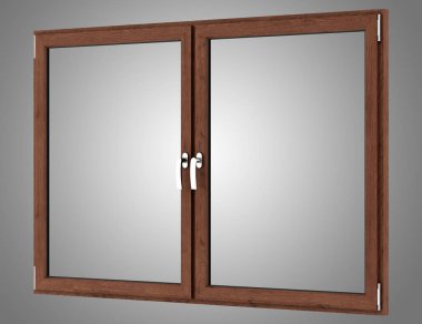 gri arka plan üzerinde izole kahverengi ahşap pencere. 3D çizim