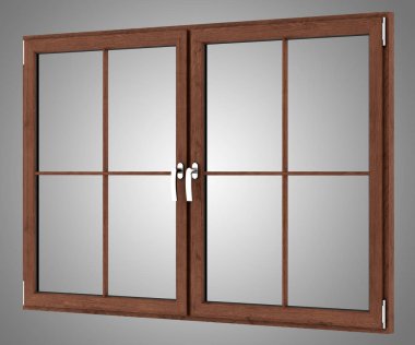 gri arka plan üzerinde izole kahverengi ahşap pencere. 3D çizim
