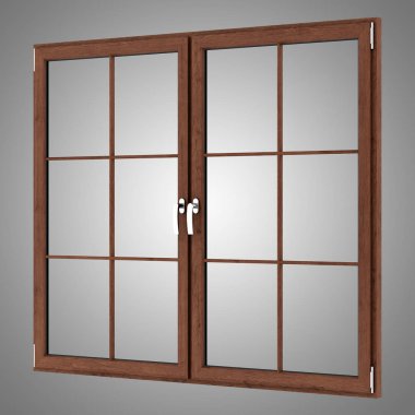 gri arka plan üzerinde izole kahverengi ahşap pencere. 3D çizim