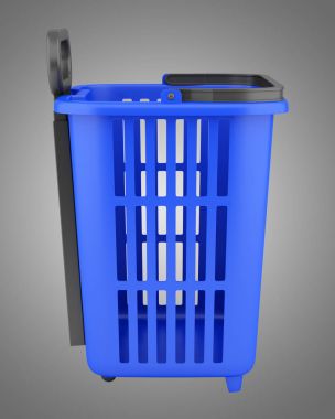 gri arka plan üzerinde izole boş mavi alışveriş sepeti. 3D illus