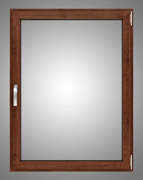 灰色背景下的棕色木窗。3d 插图 — 图库照片