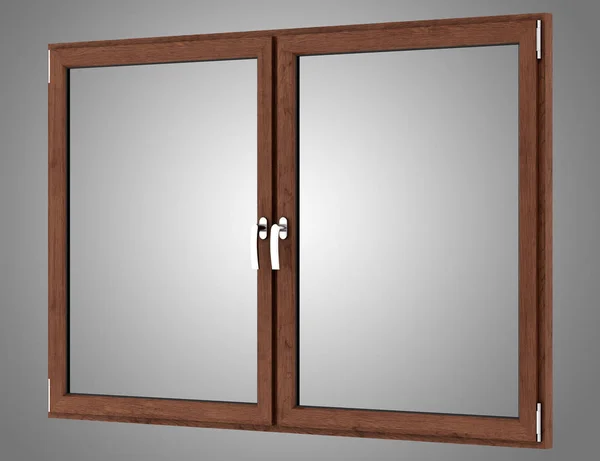 Brązowe drewniane okna na białym tle na szarym tle. ilustracja 3D — Zdjęcie stockowe