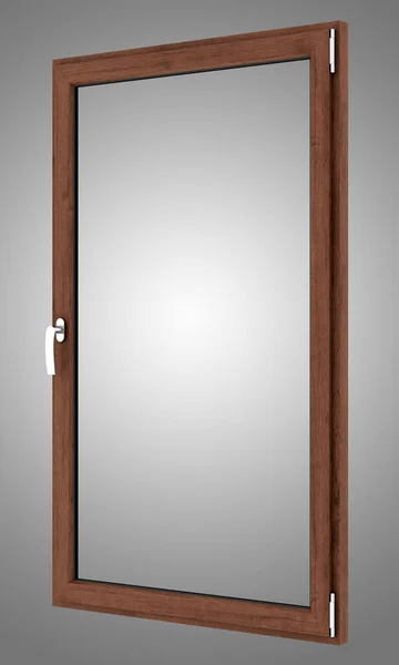 Hnědá dřevěná okna izolované na šedém pozadí. 3D obrázek — Stock fotografie