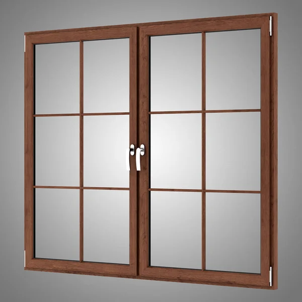 灰色の背景に分離された茶色の木製窓。3 d イラストレーション — ストック写真