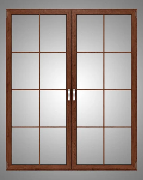 Коричневе дерев'яне вікно ізольовано на сірому фоні. 3d ілюстрація — стокове фото