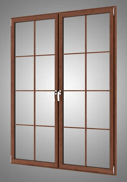 Braunes Holzfenster isoliert auf grauem Hintergrund. 3D-Illustration — Stockfoto