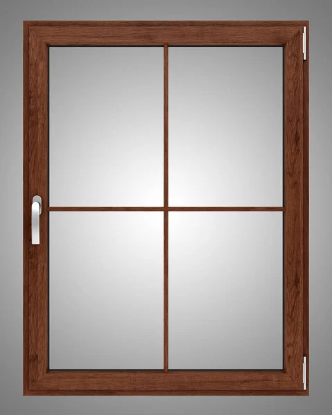 Bruin houten venster geïsoleerd op een grijze achtergrond. 3D illustratie — Stockfoto