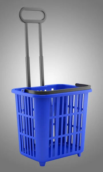 Порожній синій кошик для покупок ізольований на сірому фоні. 3d неприємний — стокове фото