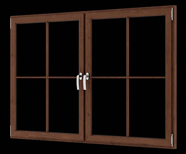 Hnědá dřevěná okna izolována na černém pozadí. 3D illustratio — Stock fotografie