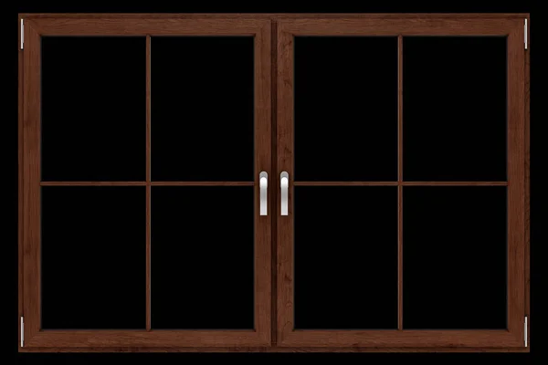 Fenêtre en bois brun isolé sur fond noir. Illustration 3d — Photo