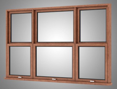 gri arka plan üzerinde izole kahverengi ahşap pencere. 3D çizim