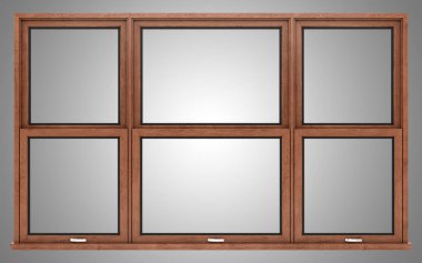 gri arka plan üzerinde izole kahverengi ahşap pencere. 3D çizim