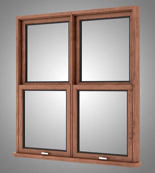 灰色の背景に分離された茶色の木製窓。3 d イラストレーション — ストック写真