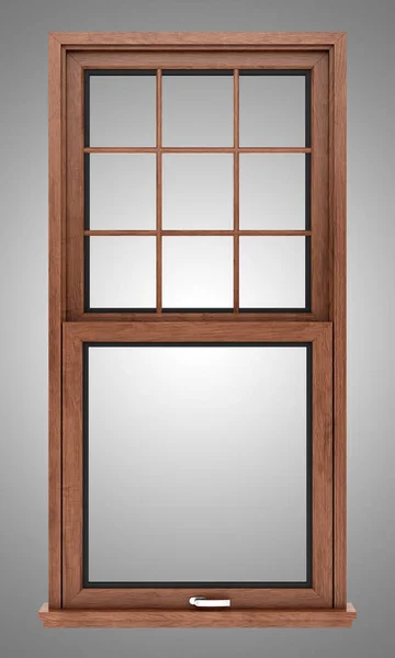 Braunes Holzfenster isoliert auf grauem Hintergrund. 3D-Illustration — Stockfoto