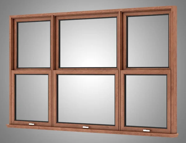 Brązowe drewniane okna na białym tle na szarym tle. ilustracja 3D — Zdjęcie stockowe
