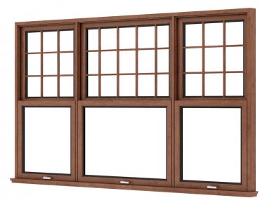 Beyaz arka plan üzerinde izole kahverengi ahşap pencere. 3D illustratio