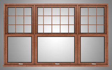 gri arka plan üzerinde izole kahverengi ahşap pencere. 3D çizim