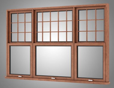 gri arka plan üzerinde izole kahverengi ahşap pencere. 3D çizim