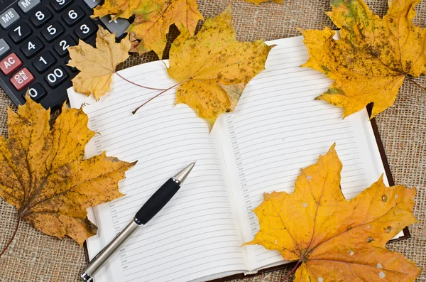 Cuaderno para la planificación de la jornada laboral y hojas de arce amarillo —  Fotos de Stock