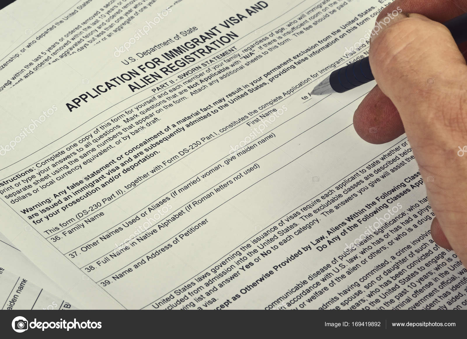 Form surface US ... Paper black immigration visa on the lies