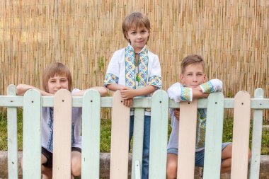 Kırsal bölgelerde farklı yaşlarda geleneksel gömlek giyen Ukraynalı çocuklar