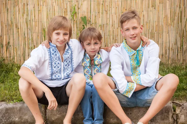 Ukrainische Jungen Traditionellem Hemd Unterschiedlichen Alters Ländlichen Gebieten — Stockfoto