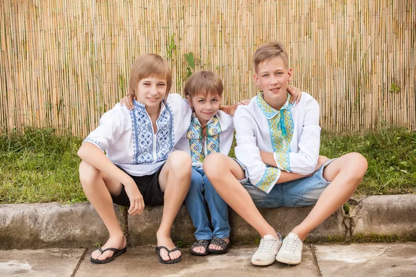 Ukrainische Jungen Traditionellem Hemd Unterschiedlichen Alters Ländlichen Gebieten — Stockfoto