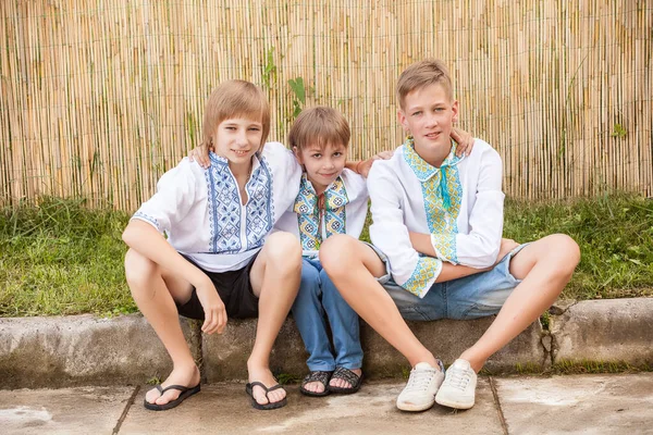 Ουκρανικά Αγόρια Παραδοσιακά Πουκάμισα Διαφορετικής Ηλικίας Αγροτικές Περιοχές — Φωτογραφία Αρχείου