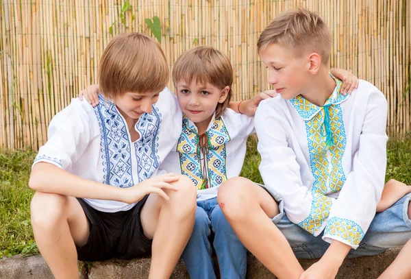 Украинские Мальчики Традиционной Рубашке Разного Возраста Сельской Местности — стоковое фото