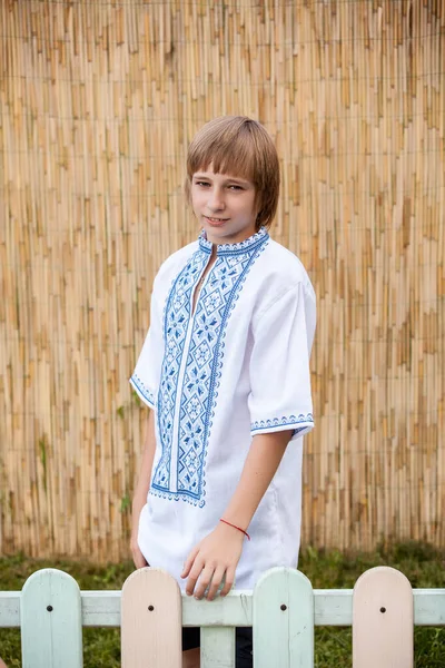 Portrait Beautiful Ukrainian Little Boy Posing Traditional Shirt — Stock Photo, Image