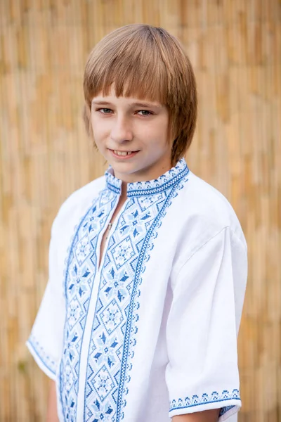 Retrato Belo Menino Ucraniano Posando Camisa Tradicional — Fotografia de Stock