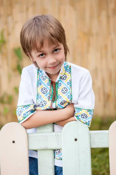 Porträtt Vacker Ukrainsk Liten Pojke Poserar Traditionell Skjorta — Stockfoto