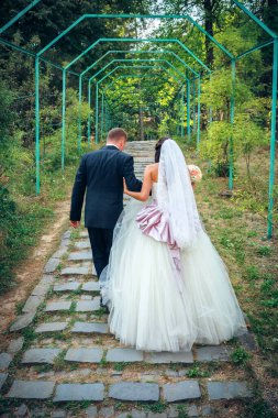 Gelin ve damat Parkta yürümek