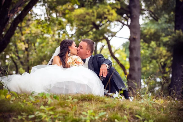 Nevěsta Ženich Procházka Parku — Stock fotografie