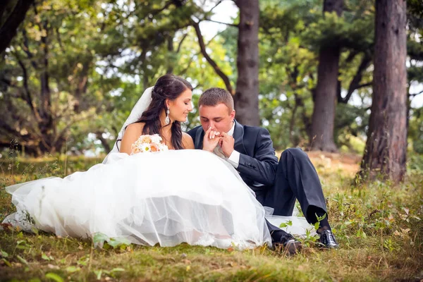 Menyasszony Vőlegény Séta Parkban — Stock Fotó