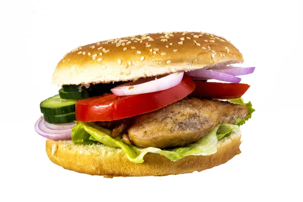 Šťavnatý Hamburger Izolované Bílém Pozadí — Stock fotografie