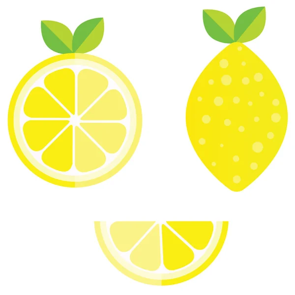 Set de enteros, cortados por la mitad, cortados en trozos de limones frescos, hojas y flores, cáscara de limón retorcida ilustración vectorial dibujada a mano aislada sobre fondo blanco . — Vector de stock