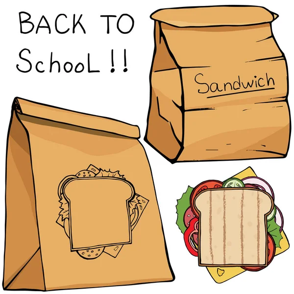 Almoço escolar caixas de comida e sanduíche, ícones vetor plana — Vetor de Stock